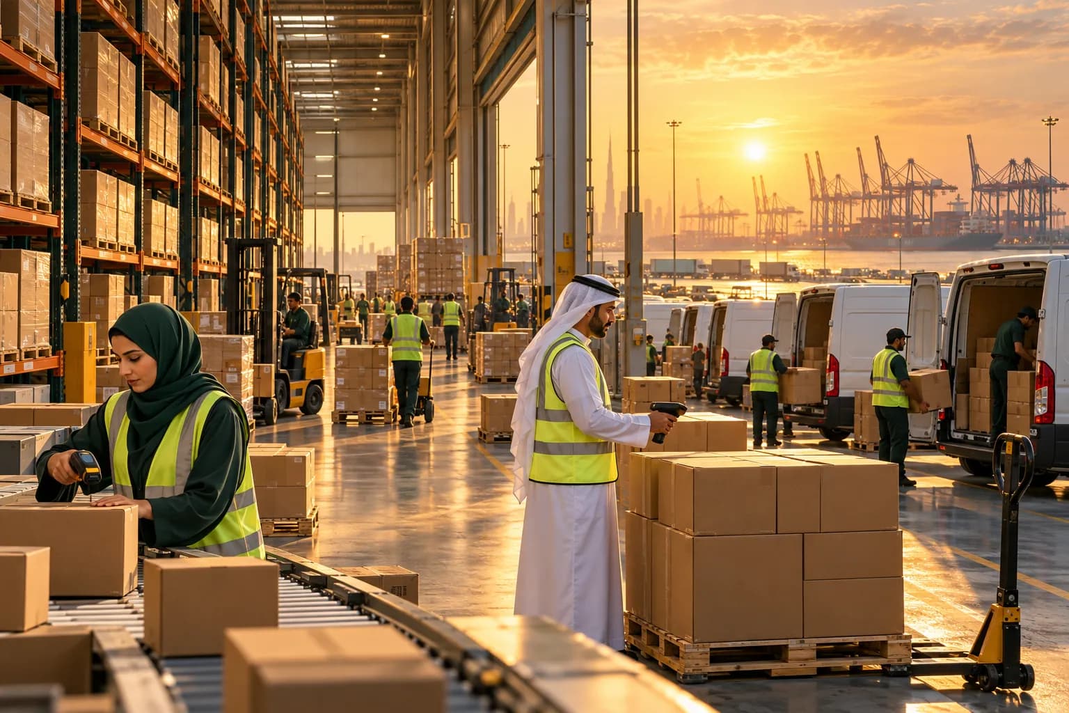 مستودع لتجهيز الطلبات قرب دبي وقت الغروب وعمال يحمّلون الطرود في سيارات توصيل