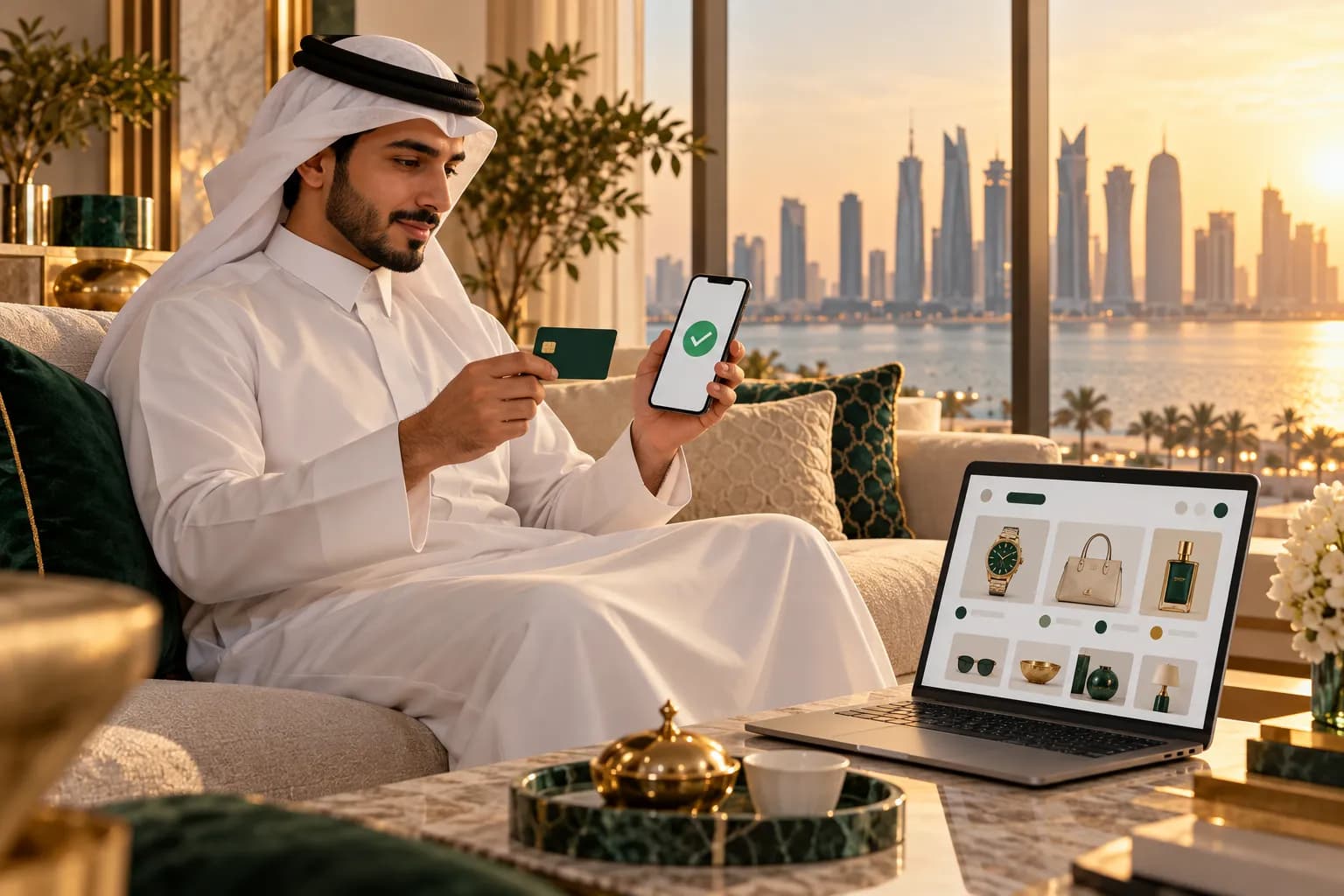شاب قطري بالثوب الأبيض يدفع ثمن طلب أونلاين على هاتفه وبيده بطاقة خصم، جالساً في شقة مشرقة في الدوحة وقت الغروب