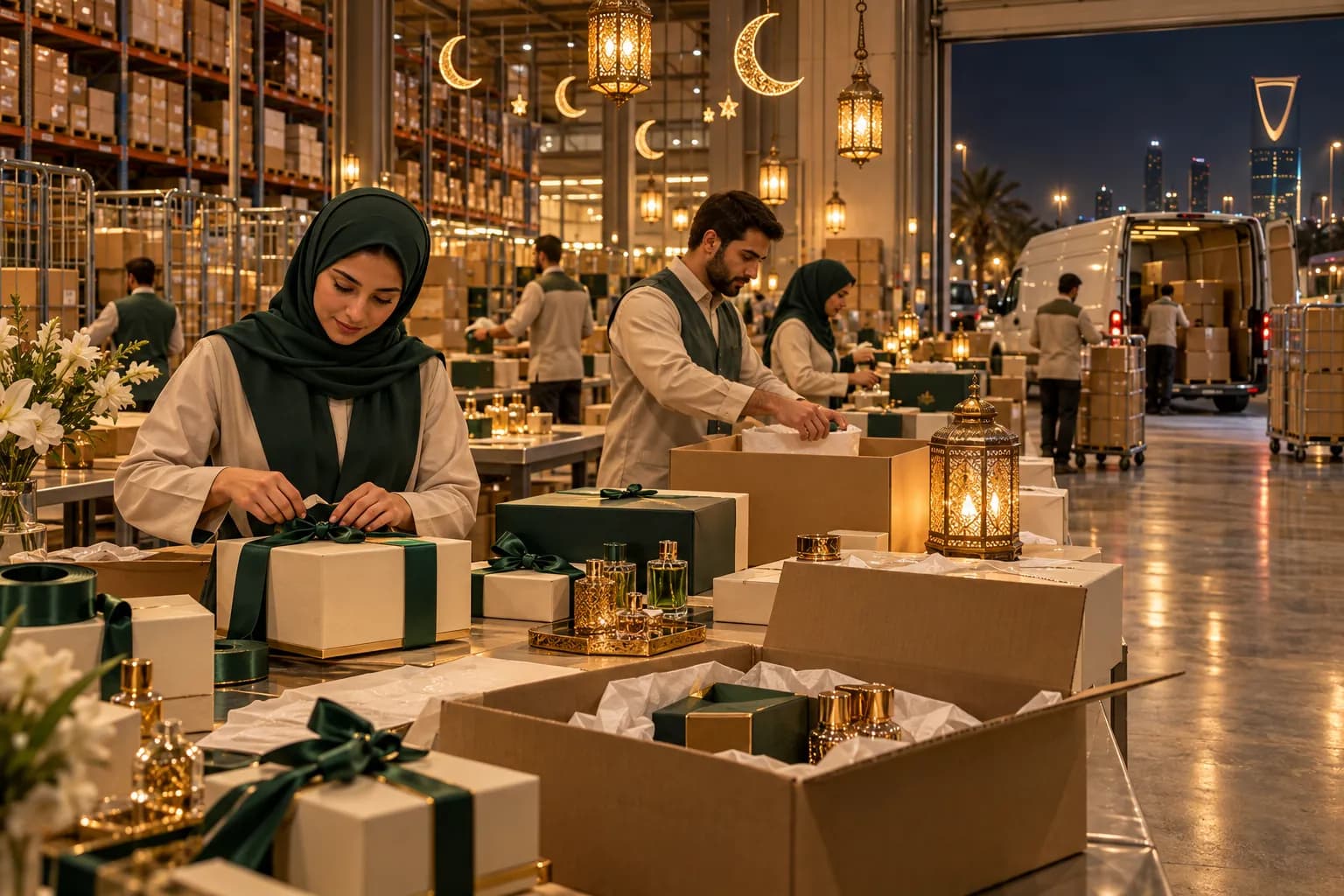 Warehouse team packing gift-wrapped orders at night under lantern-style lights in a Riyadh fulfilment centre