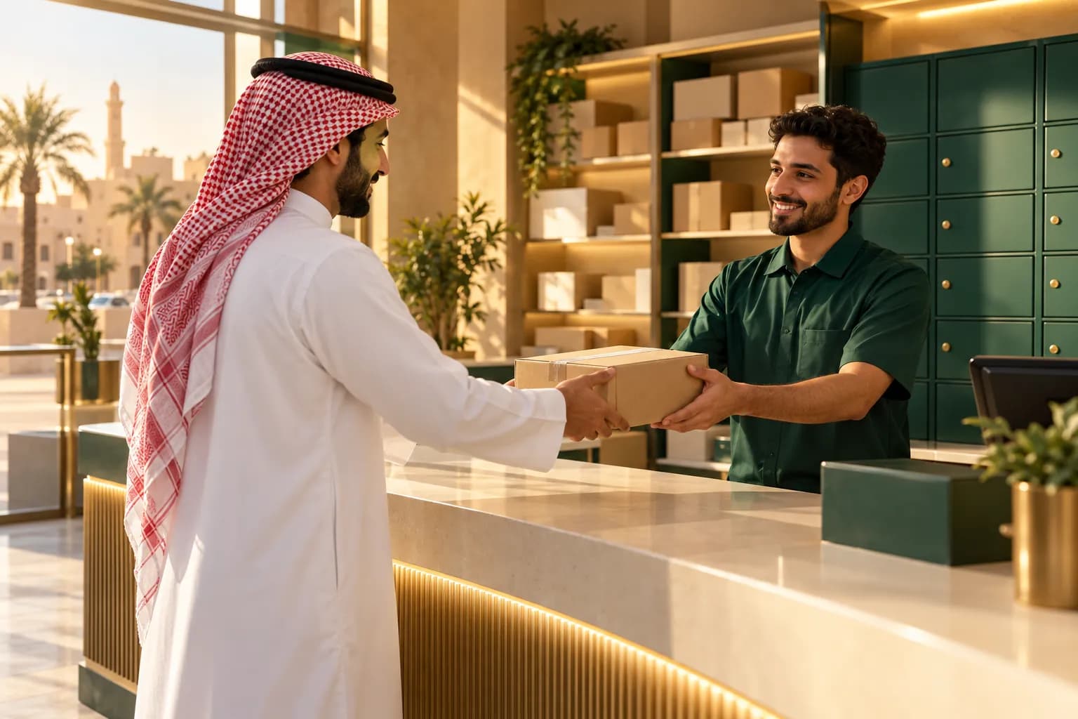 متسوق سعودي يسلّم طردًا مرتجعًا صغيرًا لموظف عند كاونتر فرع بريد في مدينة سعودية صغيرة
