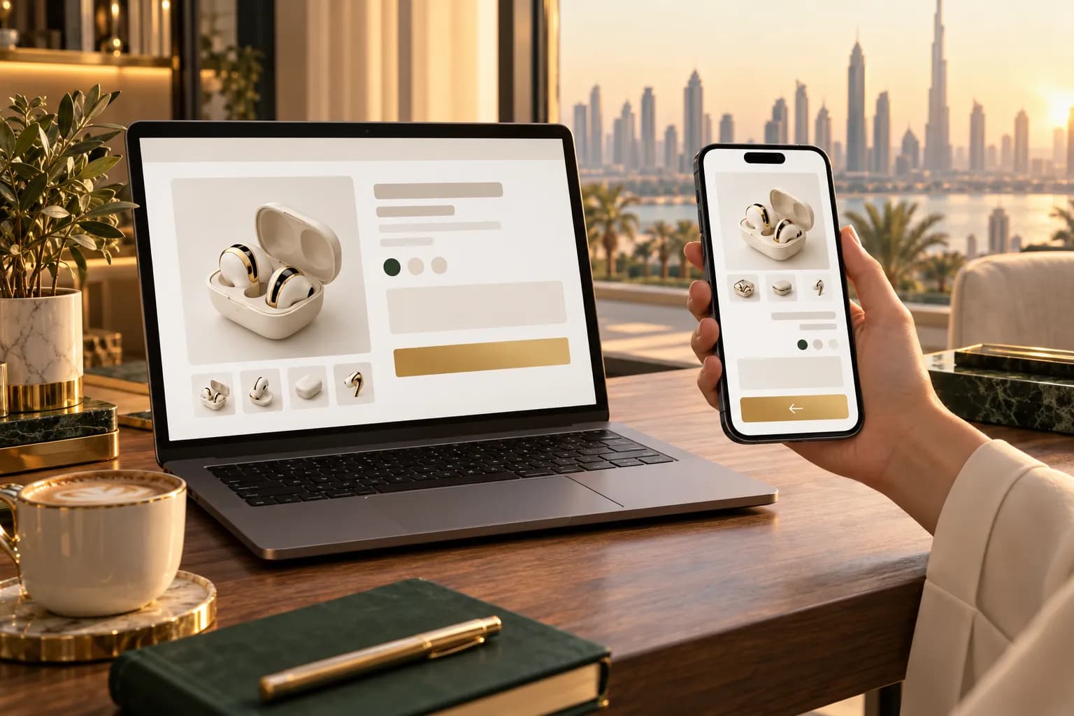 An Arabic product page on a phone beside the same page in English on a laptop, with the layout mirrored