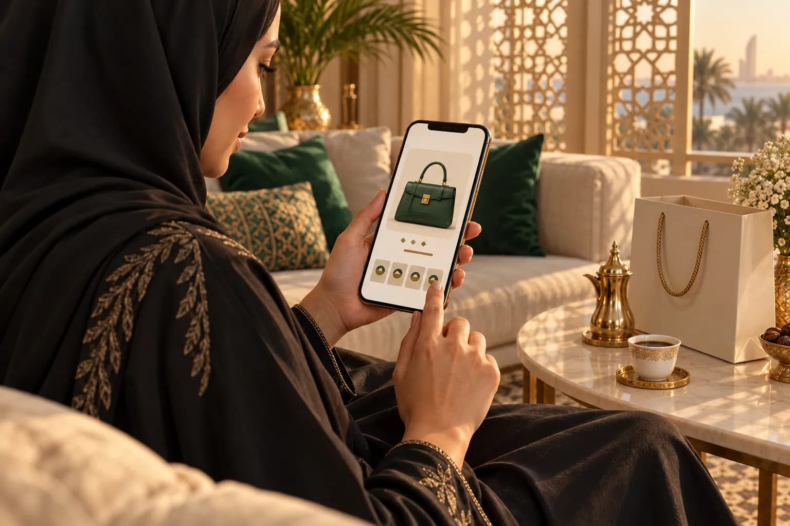 متسوقة سعودية تتصفح عرض التقسيط تحت سعر منتج على هاتفها