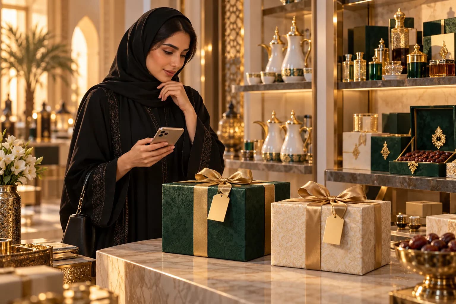 A shopper in a Riyadh boutique compares two gift boxes with gold price tags while holding a smartphone