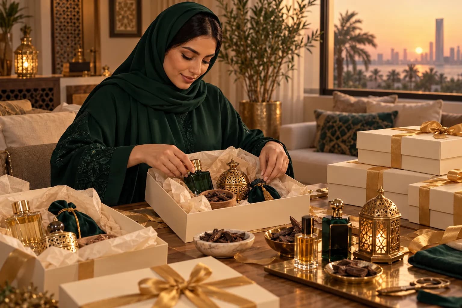 A young Saudi woman in a modest abaya arranging perfume bottles, a bakhoor burner and a small lantern into gift boxes on a wooden table at home in warm evening light