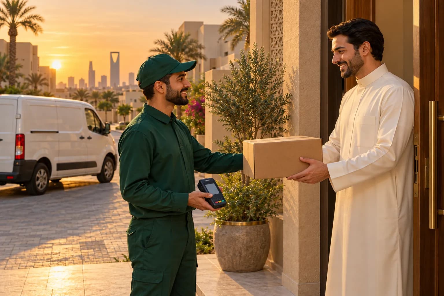 مندوب توصيل يسلّم طردًا لعميل مبتسم عند باب فيلا حديثة في الرياض وقت الغروب