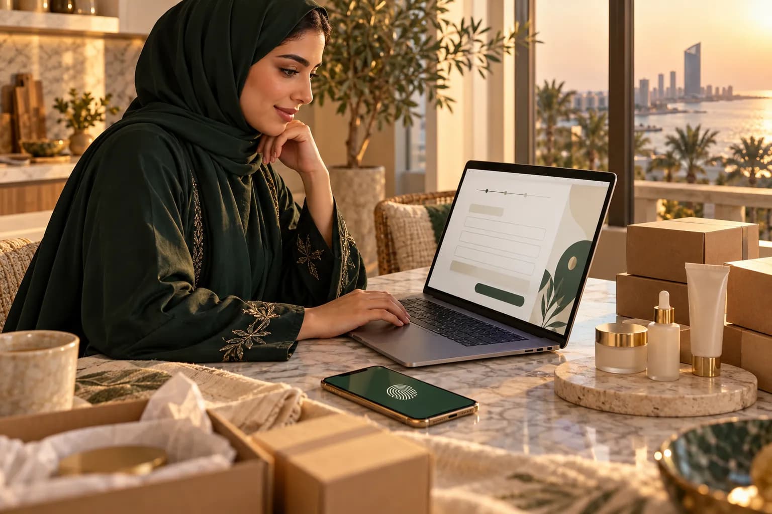 A young Saudi founder at home completing an online business registration on a laptop, with product samples on the table