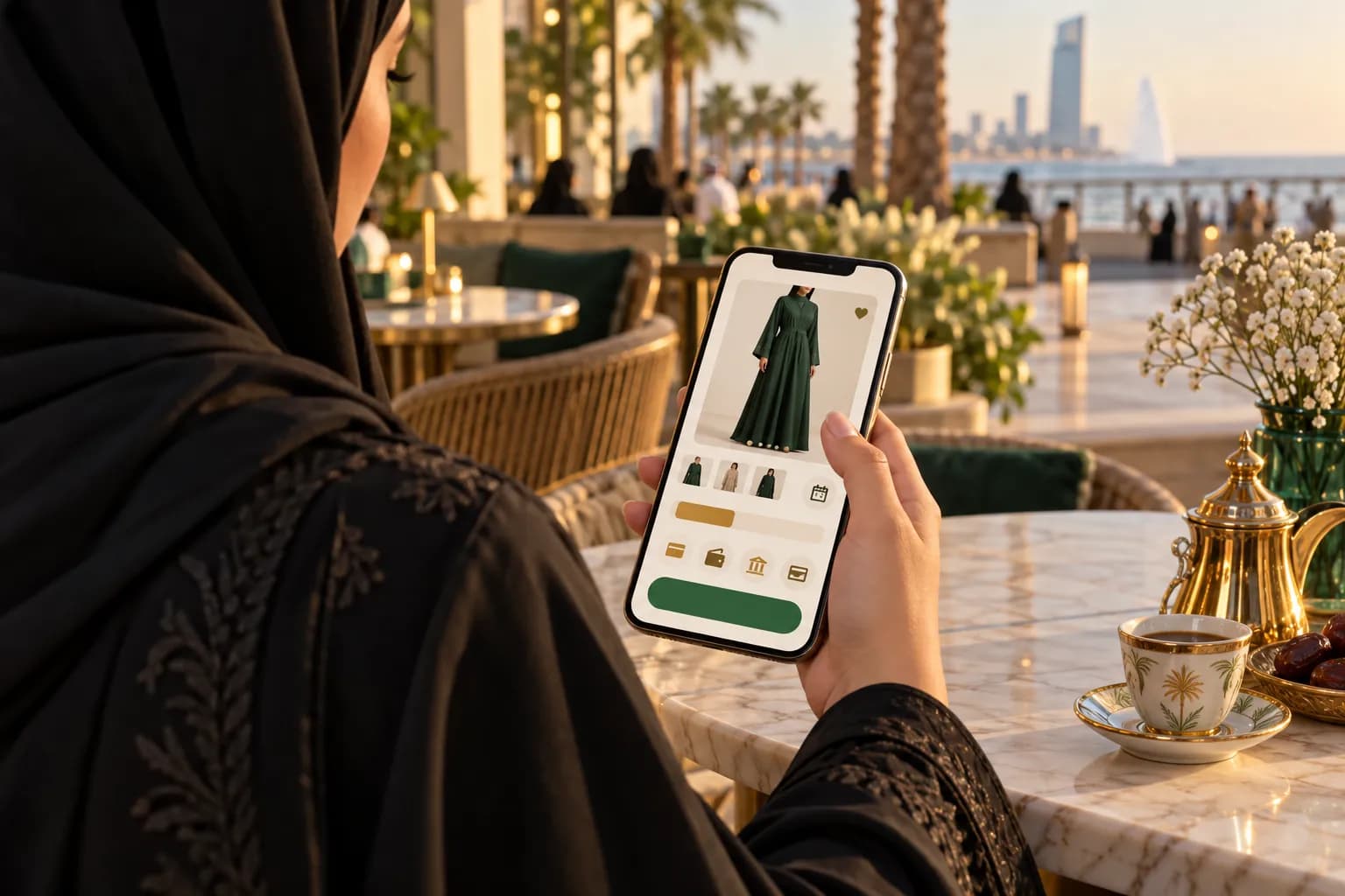 A Saudi woman in a modest abaya scrolling an Arabic product page on her phone, showing a price, delivery date and payment icons