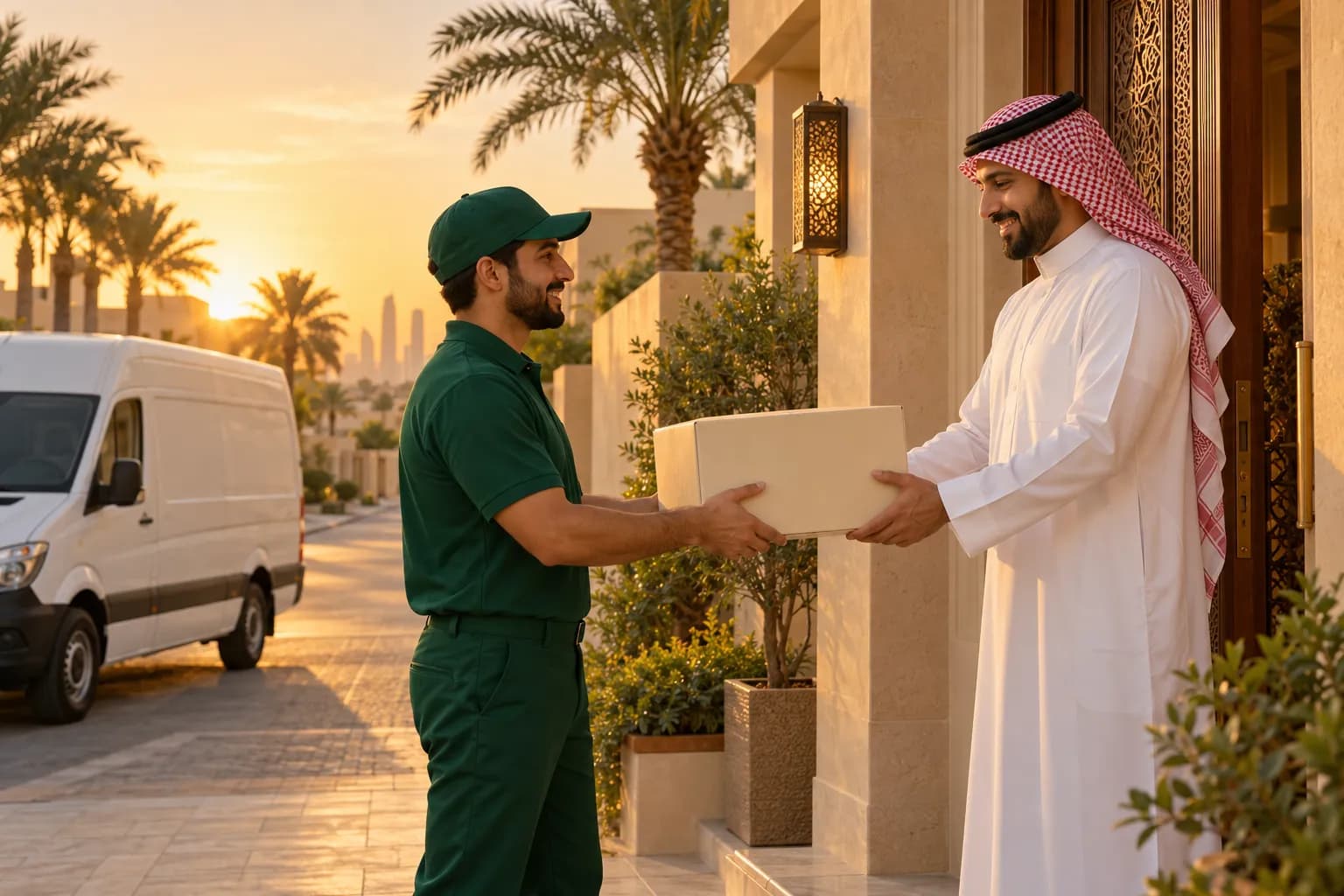 A courier handing a parcel to a Saudi shopper at the door of a Riyadh villa