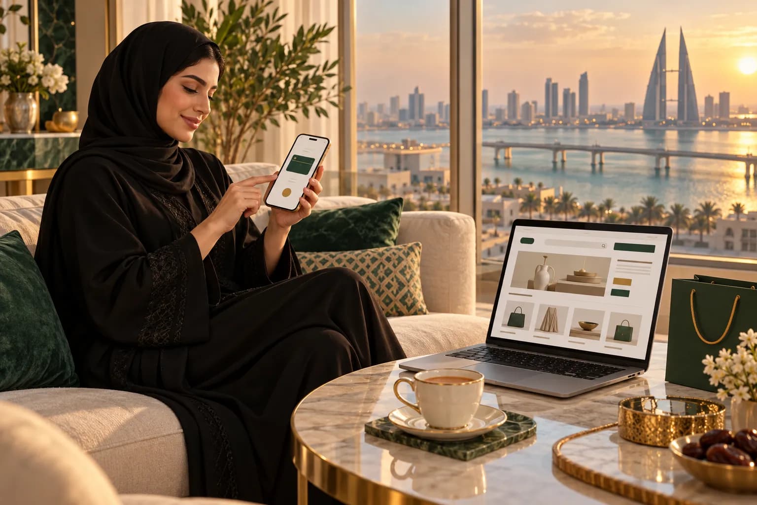 شابة بحرينية بعباءة محتشمة تكمل طلباً أونلاين على جوالها بتطبيق محفظة، وبجانبها حاسوب يعرض متجراً ثنائي اللغة في شقة مشرقة بالمنامة