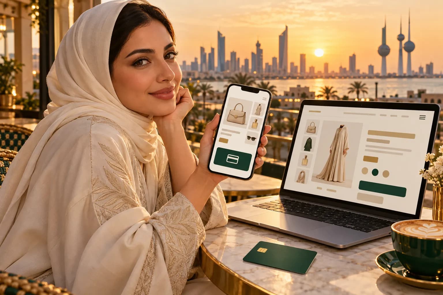 A young Kuwaiti woman at a Kuwait City café paying for an online order on her phone, with a debit card on the table and a laptop showing an Arabic product page