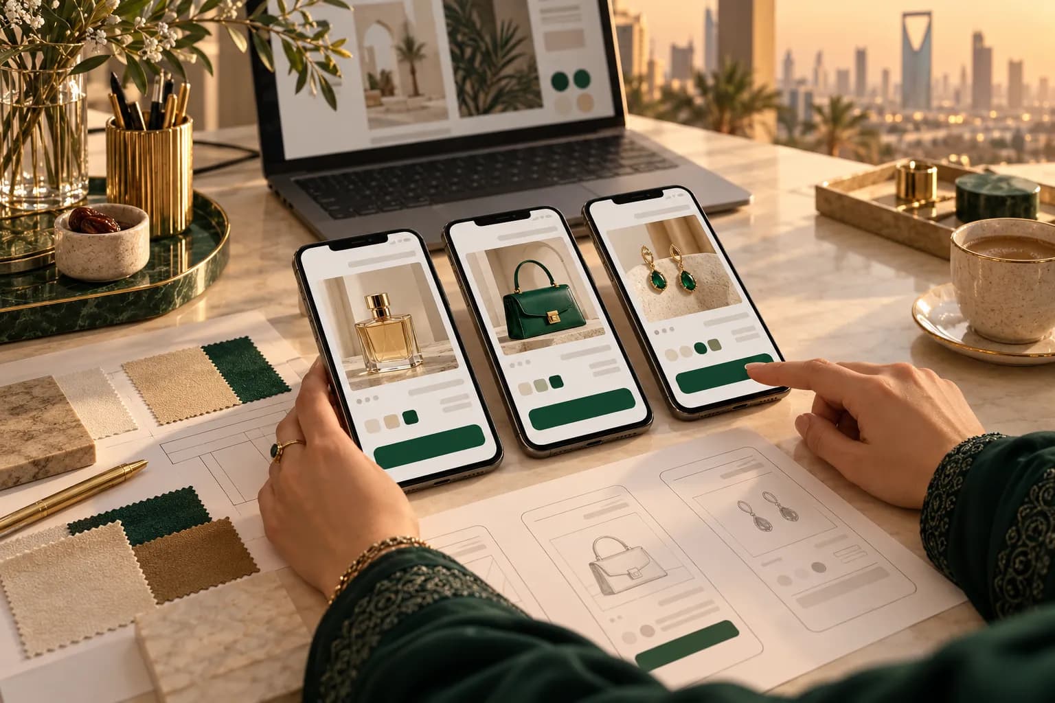 A designer's desk in Riyadh with several phones showing a redesigned Arabic product page layout next to paper wireframes and colour swatches