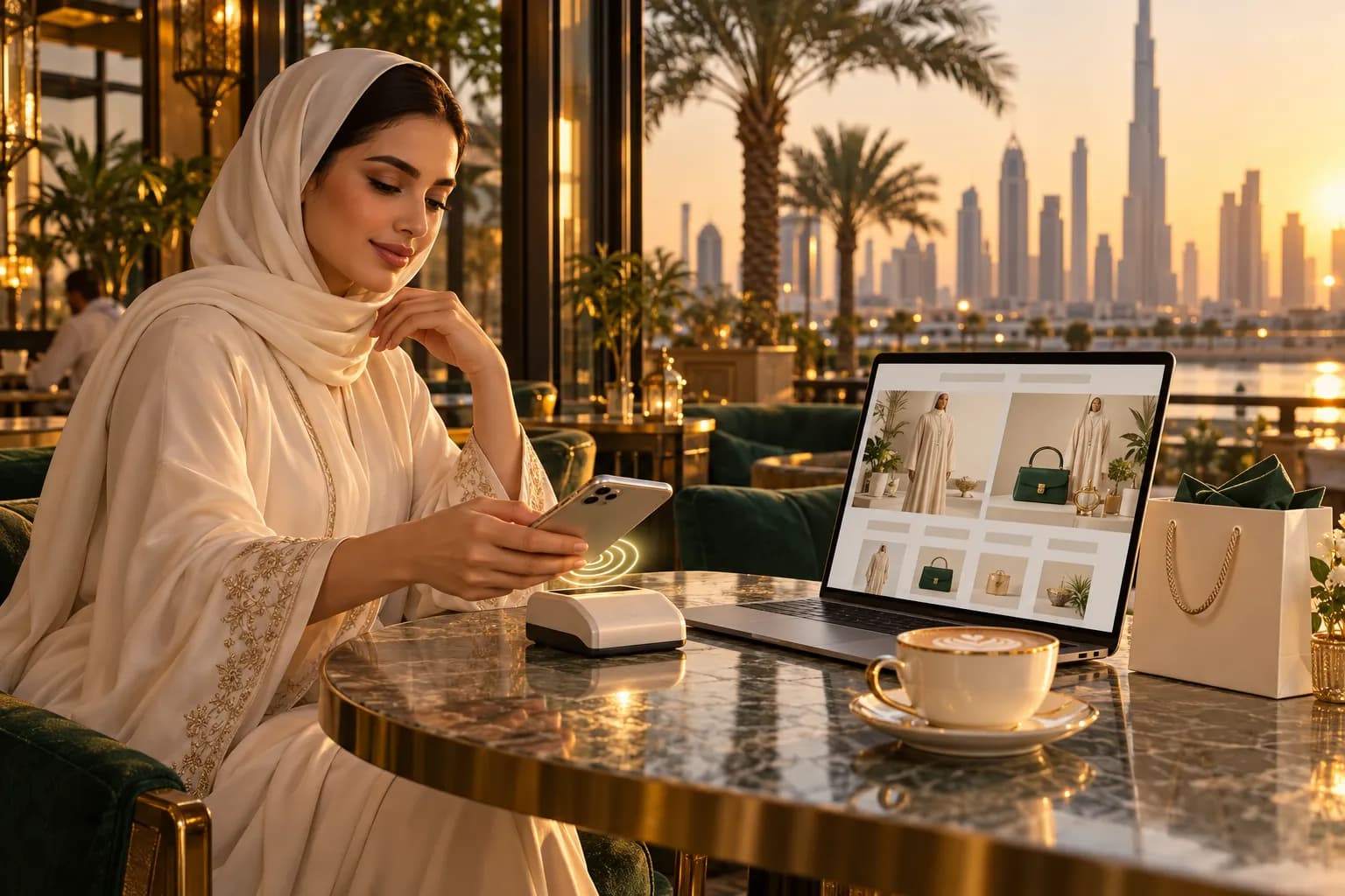 A shopper in a Dubai café paying for an order on her phone with a contactless wallet while a laptop shows a bilingual online store