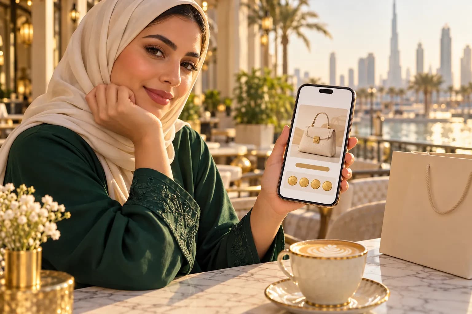 متسوقة في دبي تتصفح صفحة منتج على جوالها تظهر فيها رسالة التقسيط تحت السعر