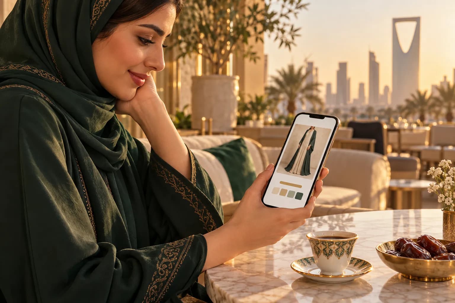 متسوقة في الرياض تتصفح صفحة منتج على جوالها وتحت السعر سطر يوضح التقسيط