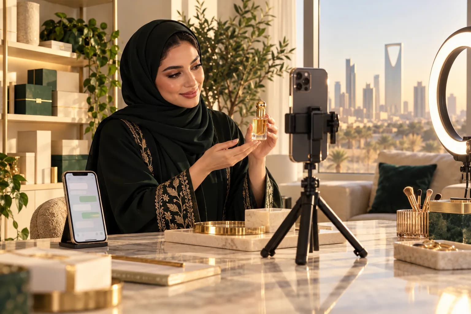 صانعة محتوى سعودية تصوّر فيديو لعطر بجوالها في شقة مشرقة في الرياض