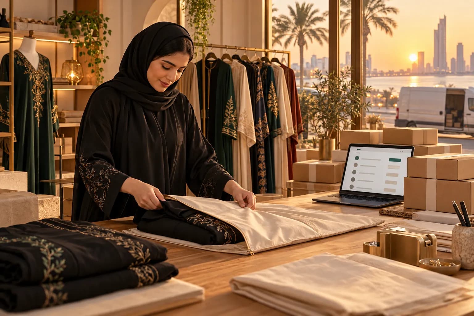A young Saudi boutique owner folding an abaya into a branded garment bag beside a stack of parcels in a small Jeddah studio
