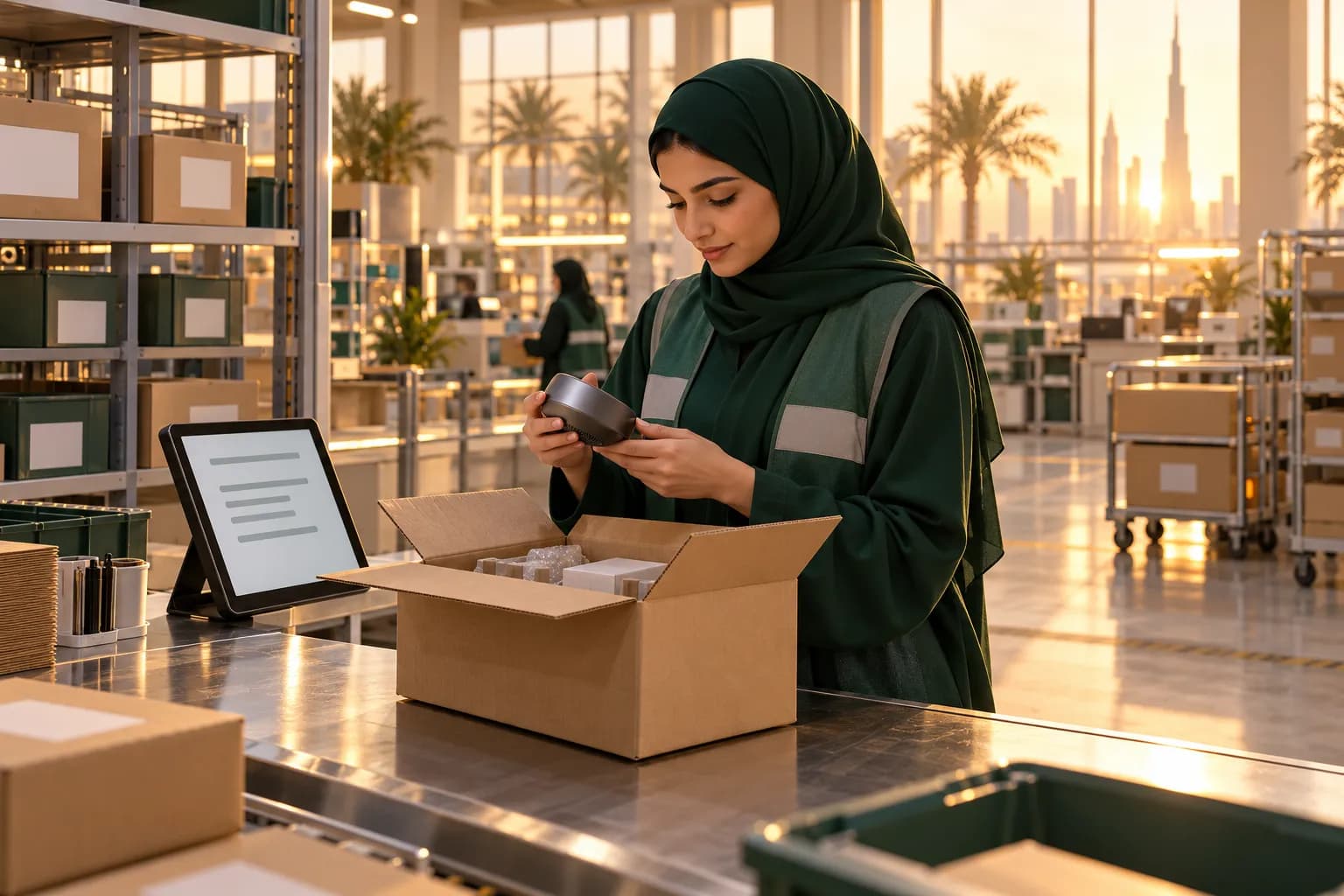 موظفة إماراتية شابة في مستودع تفحص طردًا مفتوحًا وبجانبها جهاز لوحي في محطة إرجاع مشرقة في دبي
