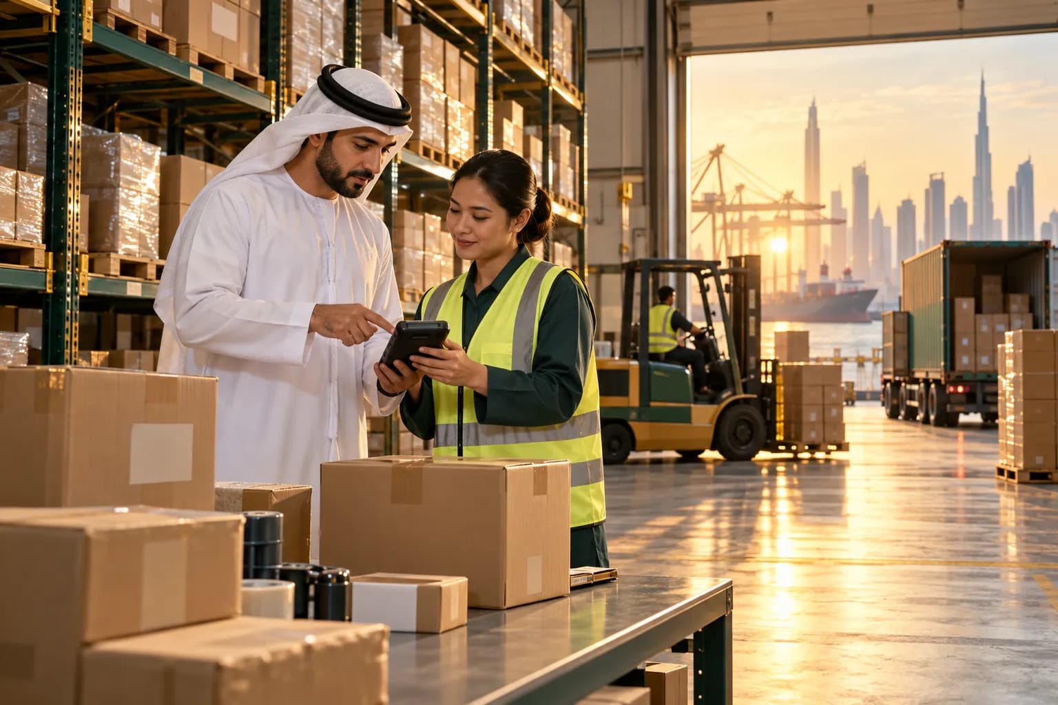 Staff checking orders with a handheld scanner in a bright fulfilment warehouse in a Dubai free zone