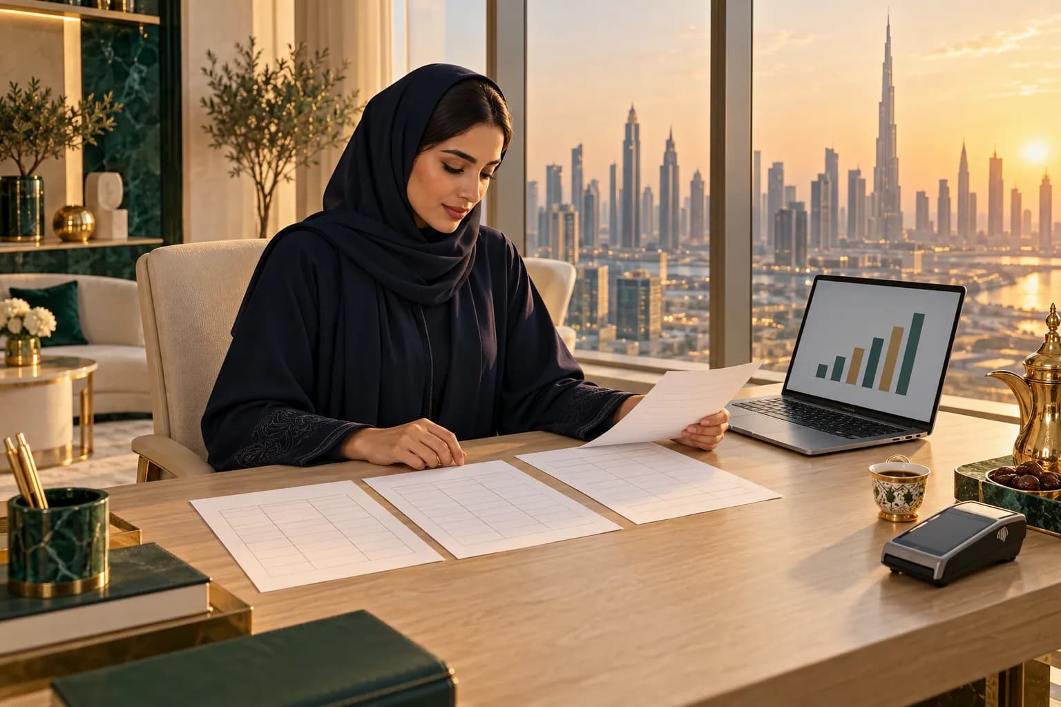صاحبة متجر في دبي على مكتبها تقارن جداول أسعار مطبوعة لبوابات الدفع بجانب حاسوب يعرض رسمًا بيانيًا للمبيعات الشهرية