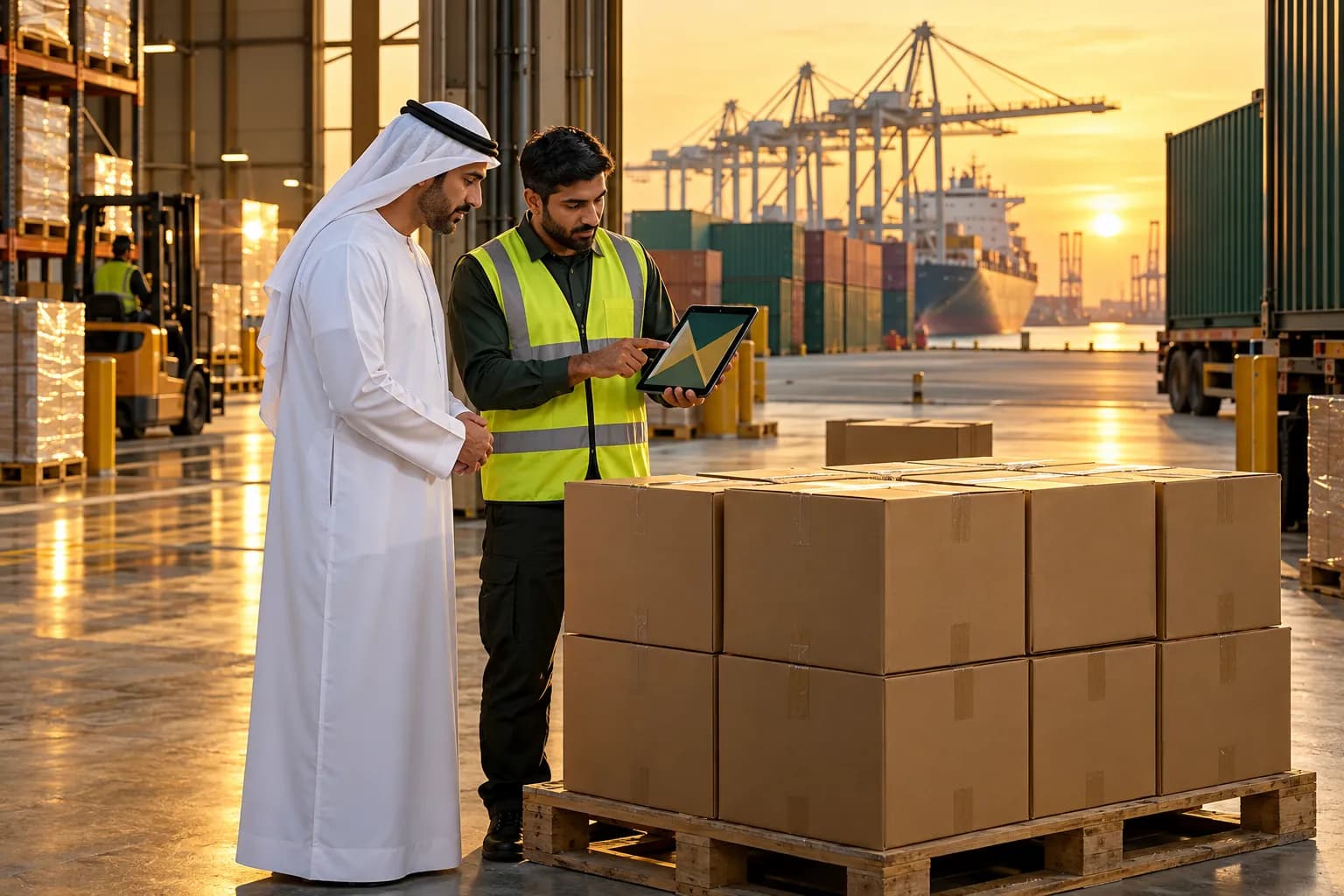 A customs clearing agent and a young Emirati business owner checking cartons of stock at a bright Jebel Ali warehouse at golden hour
