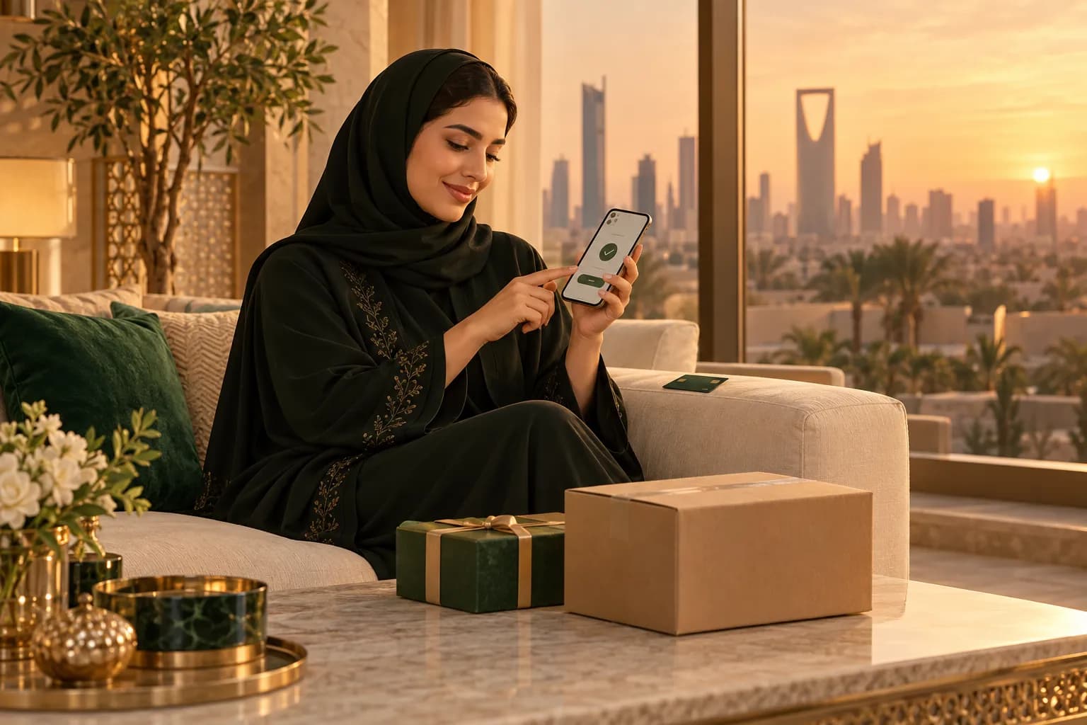 A Saudi woman paying for an online order with her phone at home while a delivered parcel sits on the table
