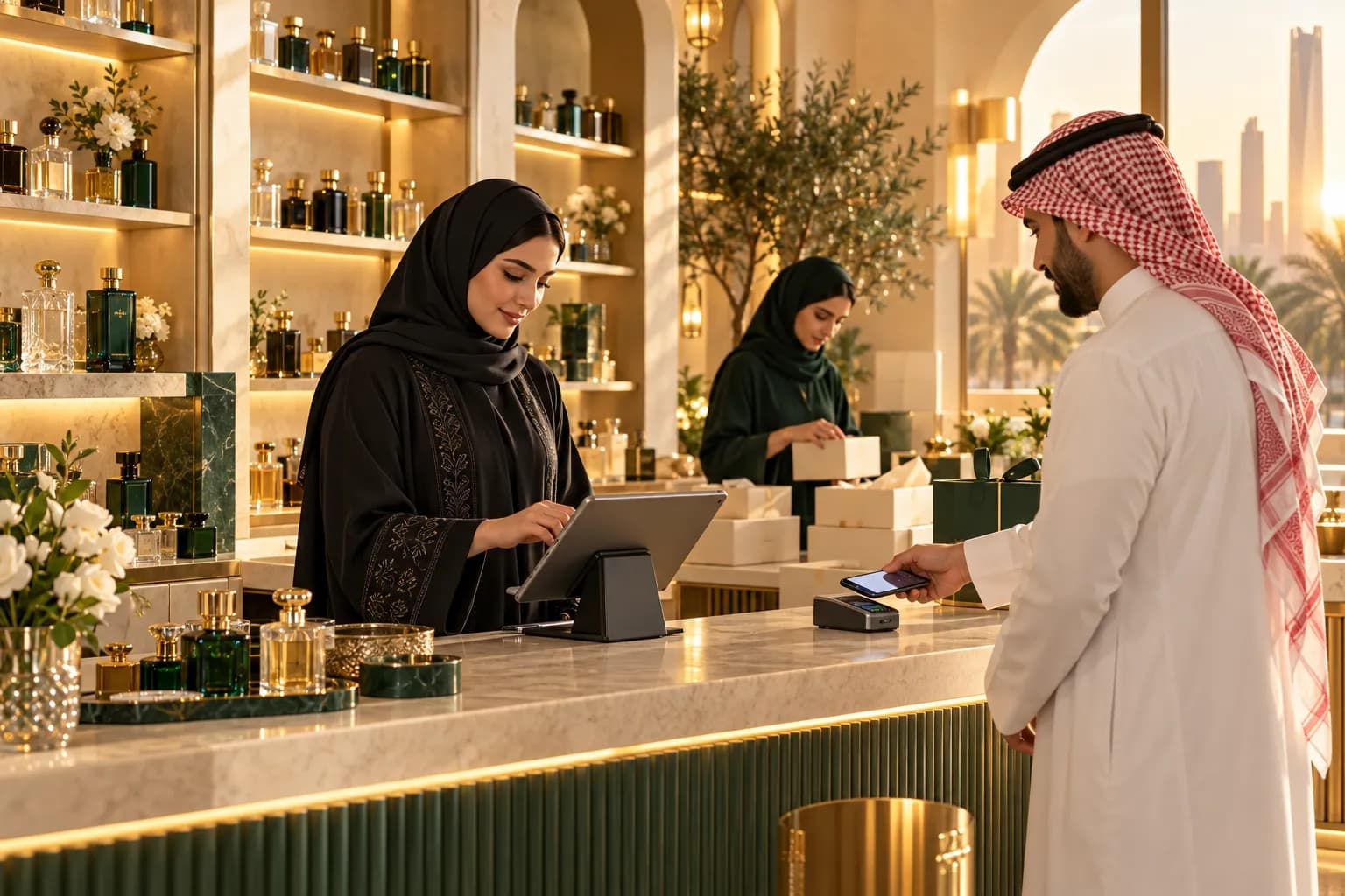 A Saudi shop owner at a boutique counter using a tablet till while online orders are packed behind her